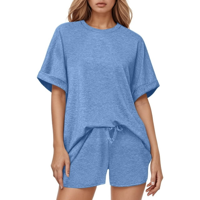 Conjunto de camiseta con mangas murciélago y pantalones cortos con cordón para mujer: diseño moderno, cintura ajustable, tejido suave, versátil para la playa o para estar por casa