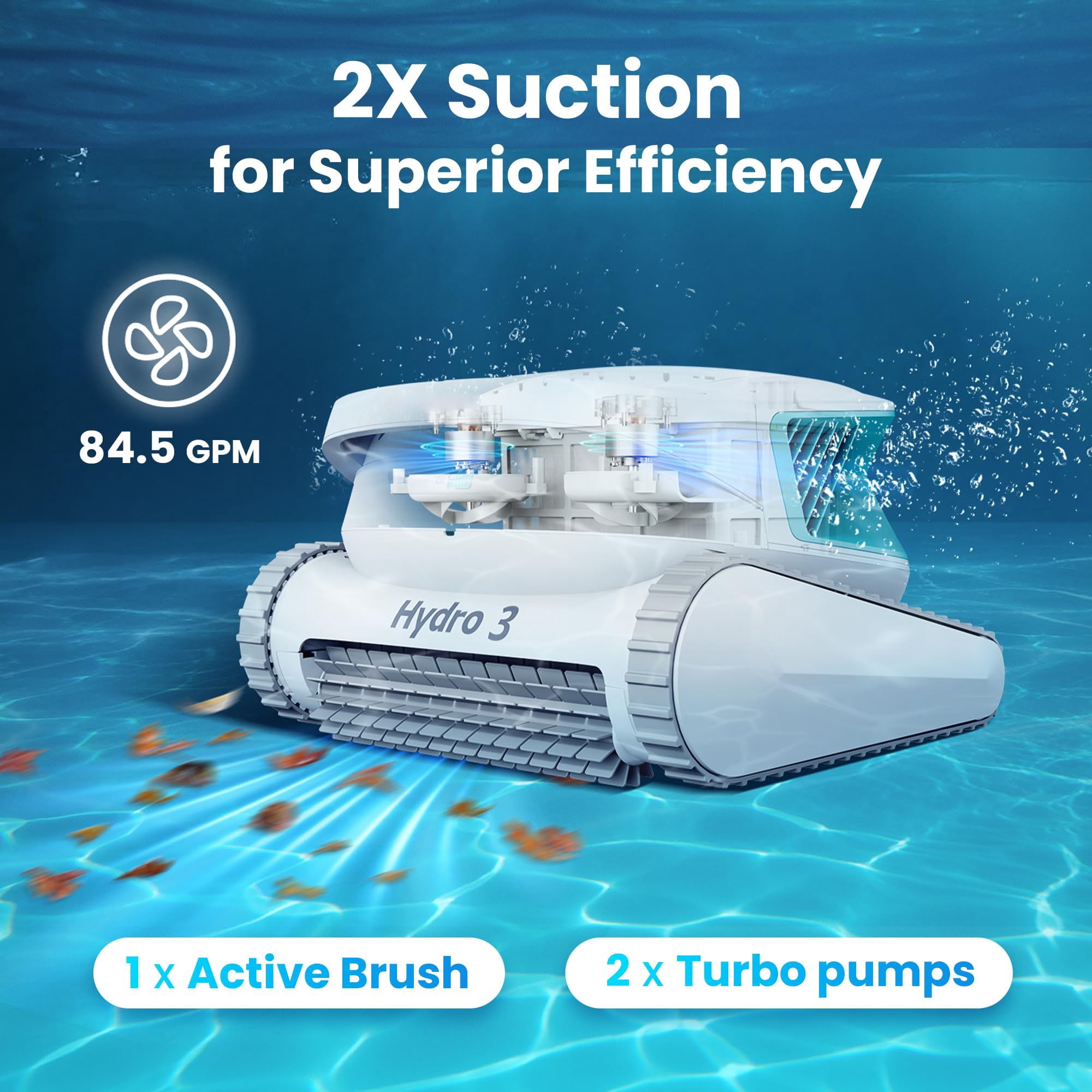 Hydro 3 All-in-one Pool Vacuum Robot, 200mins Runtime Cordless Pool Cleaner, 150W Brushless Motor+Floor/Wall/Waterline Scrubber Brush,Ideal for Inground/Above-Ground Swimming Pools