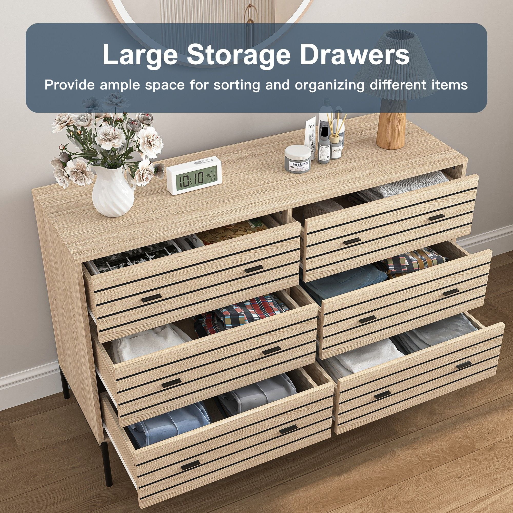 Finihen 6 Drawers Dresser, 47" Wide Modern Chest of Drawers with Curved Profile Design, Wood TV Stand Organizer for Bedroom, Living Room, Hallway, Beige Finihen 6 Drawers Dresser, 47" Wide Modern Chest of Drawers with Curved Profile Design, Wood TV Stand Organizer for Bedroom, Living Room, Hallway, Beige