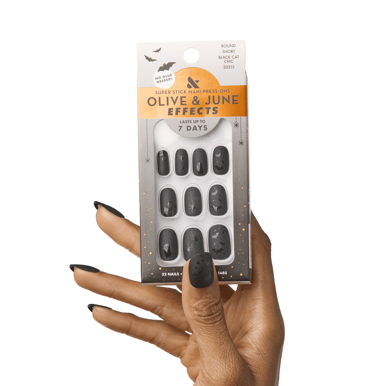 Olive & June Super Stick Effects Short Round Press-on Nails, Black Cat Chic, 32 Pieces