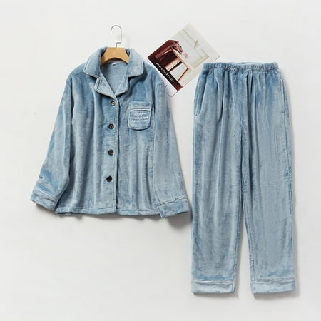 

Couples flannel pajamas for men and women autumn and winter coral fleece thickened home clothes warm embroidery set Blue L