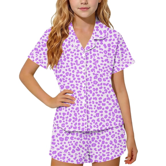 Girls 2 Piece Outfits Summer Lapel Printed Button Short Sleeve with Shorts Set Loungewear with Pockets Purple 2 11-12Years