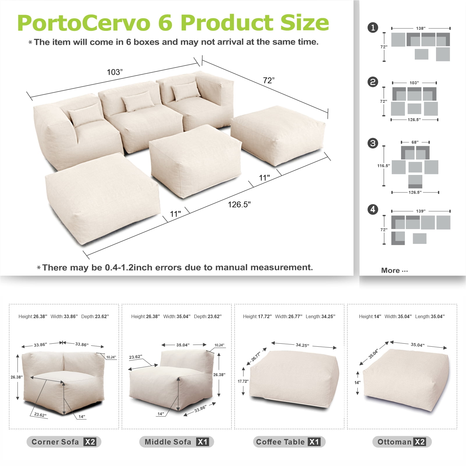 6 Pieces Olefin Patio Conversation Set with Thickened Cushions 5-Seat Outdoor Furniture Set with Bean Bag Chairs (Light Beige)