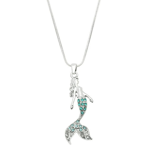 Mermaid Pendant Necklace Rhinestone Crystal Rhodium High Polished J0200-AQ