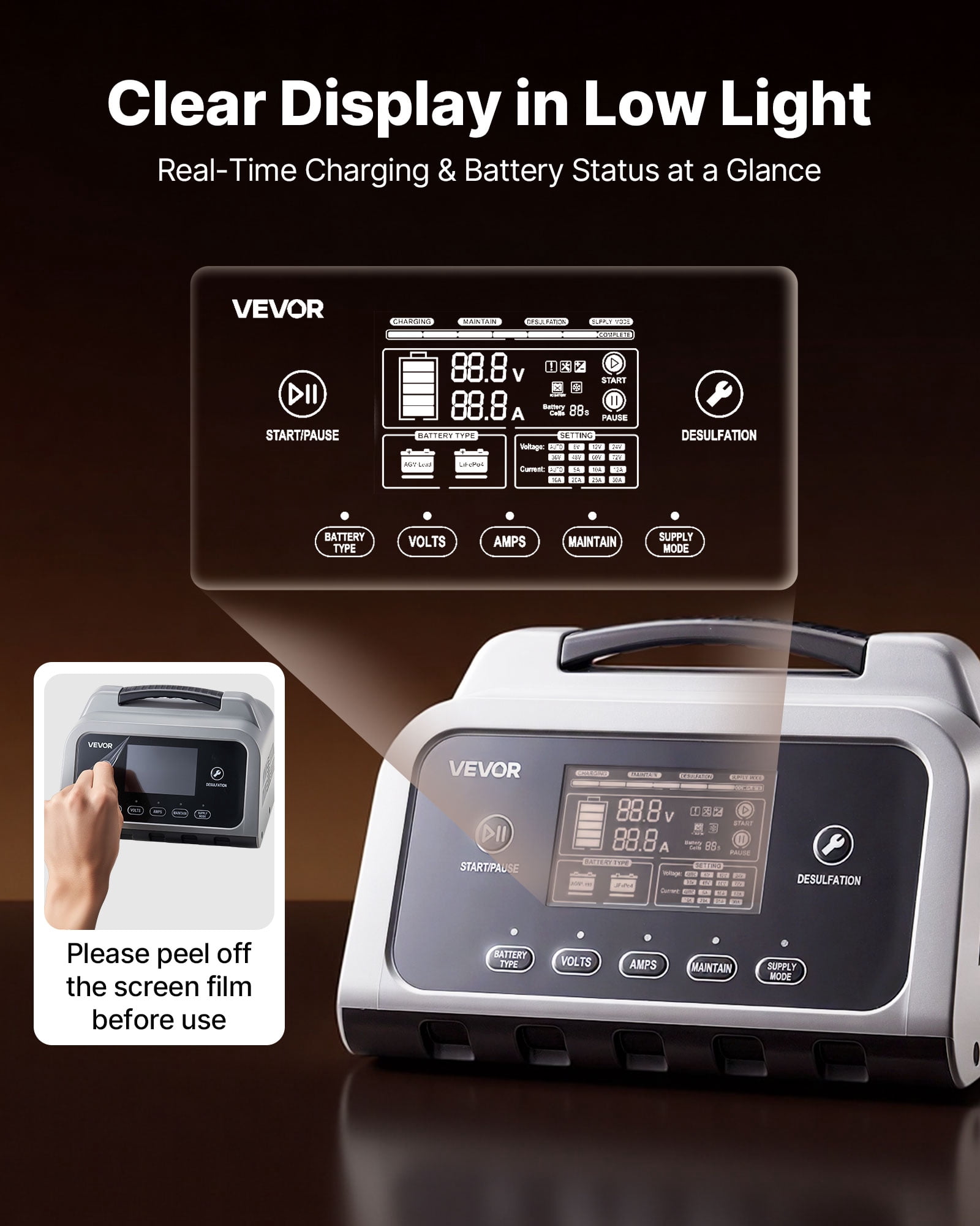 VEVOR Smart Battery Charger, 30A, 6V 12V 24V LiFePO4 Lead-Acid (Gel/AGM) Lithium Car Battery Charger, with LCD Display, Trickle Charging Maintainer Desulfator, for Car, Boat, Motorcycle, Lawn Mowers