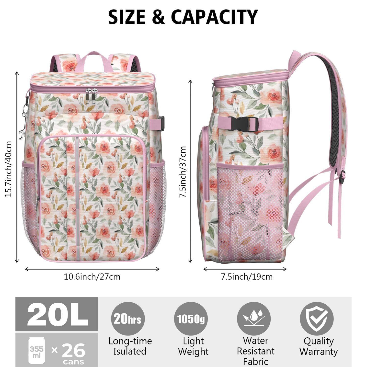 Travel Cooler Bag - Pioneer Flower Floral Print Pattern Camping Beer Cooler Backpack with Bottle Opener- Waterproof Insulated Picnic Backpacks - Cooler Bag for Beach