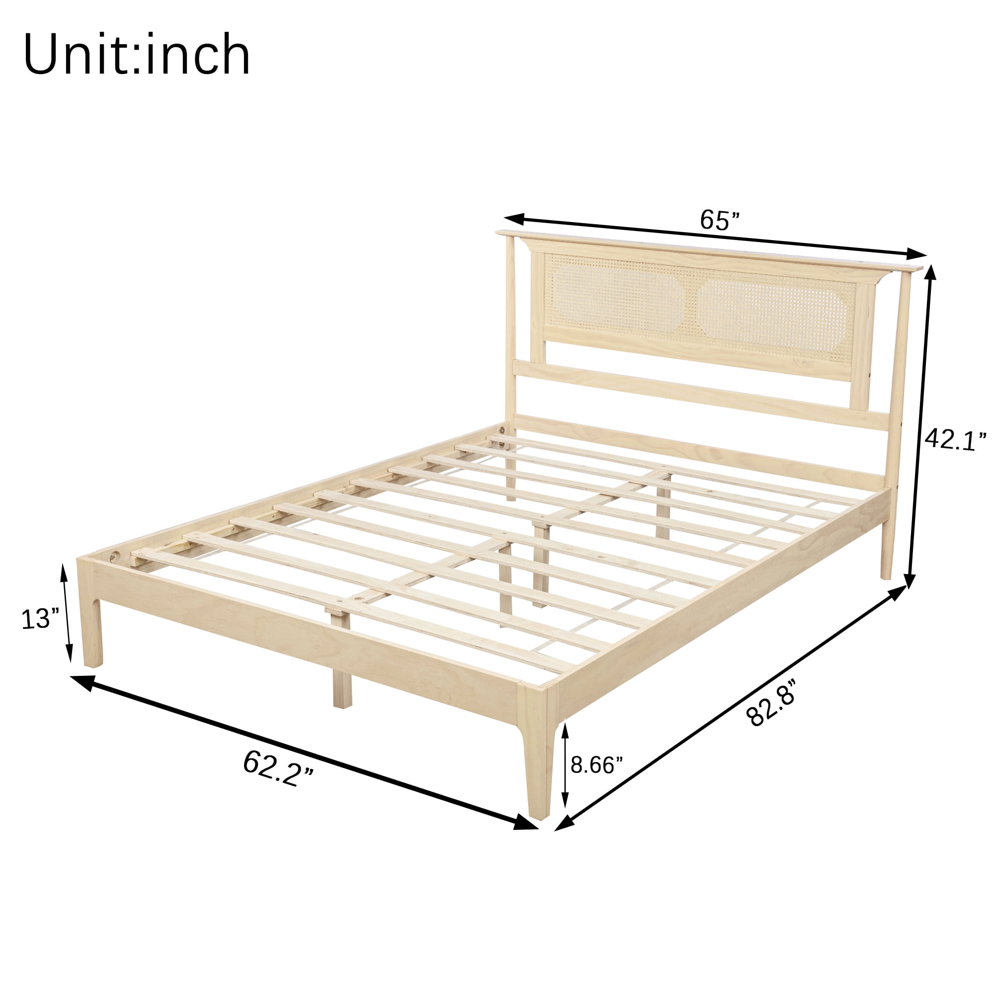 Miniyam Queen Bed Frame with PE Rattan Headboard, Pine Platform Bed, Natural
