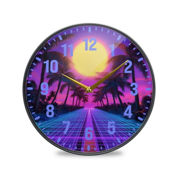 Yayeee Wall Clock Battery Operated 9.5" Silent Quartz Non-Ticking for Living Room Decor, Purple Neon Road