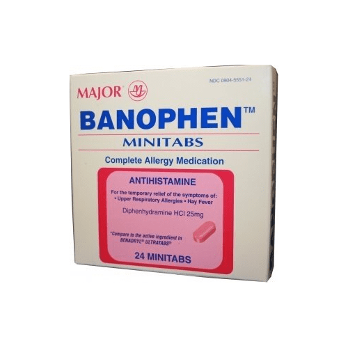 MAJOR BANOPHEN 25MG DIPHENHYDRAMINE ANTIHISTAMINE MINITABS *COMPARE TO THE SAME ACTIVE INGREDIENTS FOUND IN BENADRYL & SAVE! *