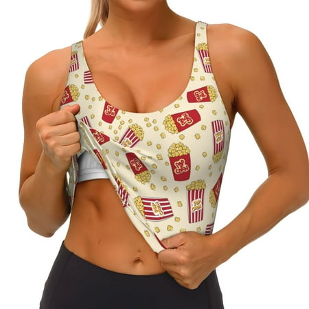 Qokaie Cartoon Popcorn Pattern Womens Scoop Neck Sports Bra Breathable Workout Vest Padded U Back Medium Impact Fitness Gym Yoga Bra Workout Crop Top