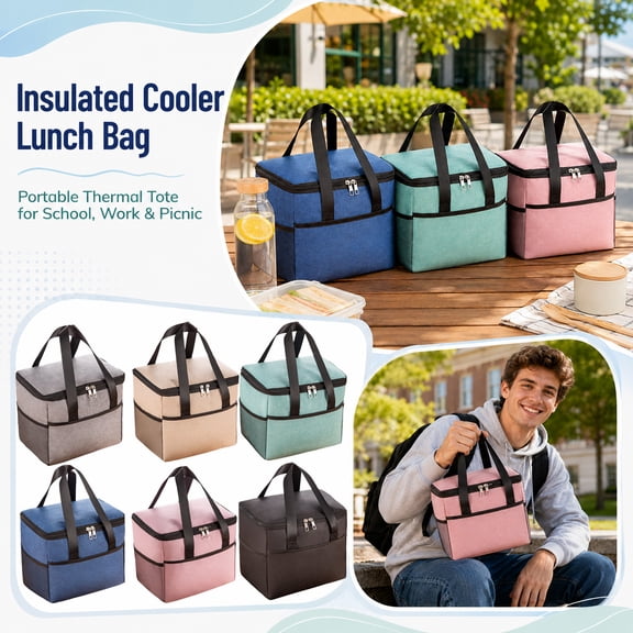 Large Insulated Lunch Bag, Cooler Lunch Bag, Adult Lunch Bag, Lunch Tote Bag for Women, 9X8X8 Inch Portable Zippered Thermal Carrier with External Mesh Pocket for Work, Travel and