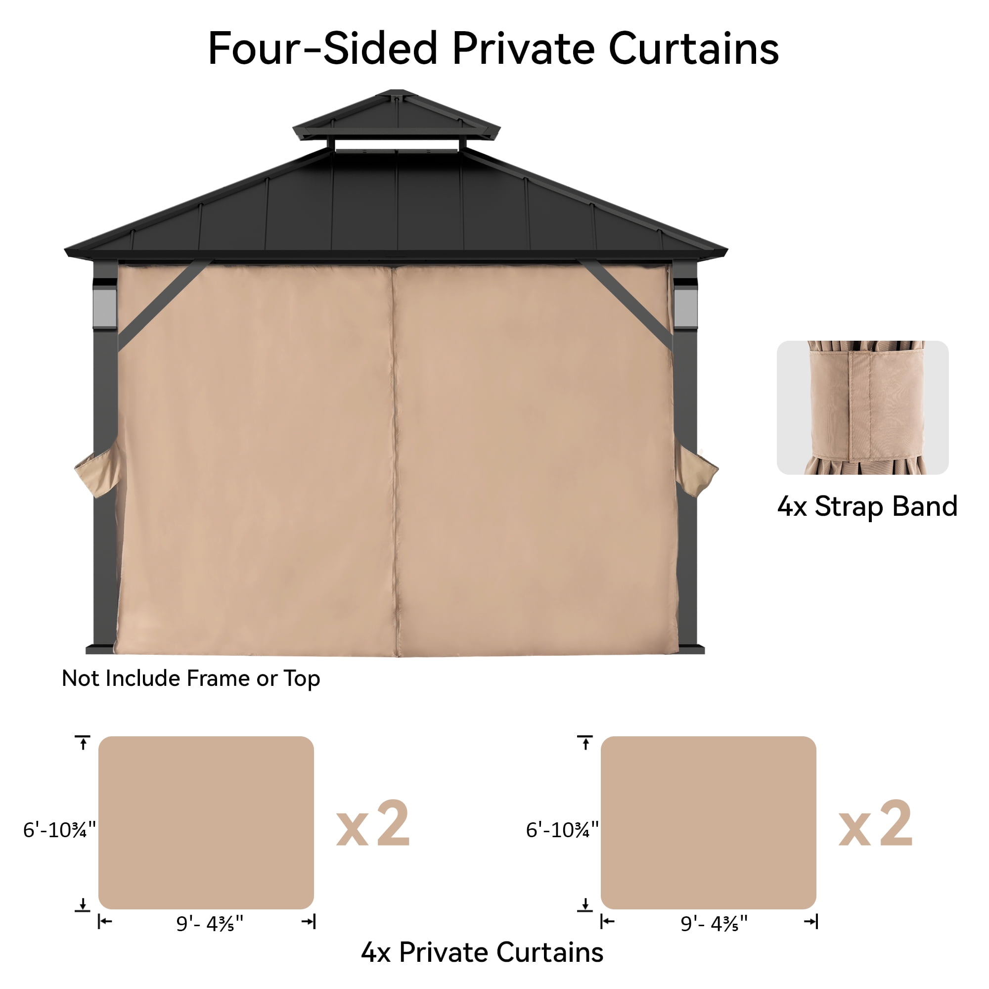 FONA Gazebo Curtain Replacement Universal 4-Panel Sidewalls 10'x10', Outdoor Gazebo Privacy Curtains with Zipper, Replacement for Outdoor, Patio Canopy, Garden and Backyard (Curtain Only)