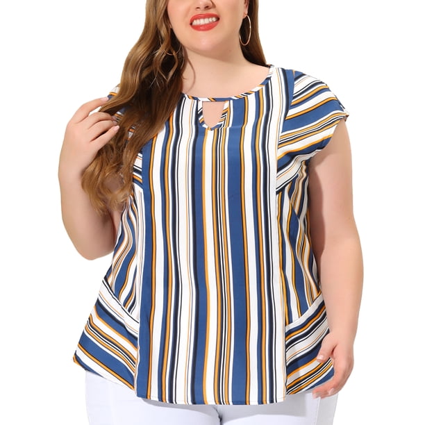 Women's Plus Size Blouse Keyhole Neck Cap Sleeve Stripe Top Navy 4X