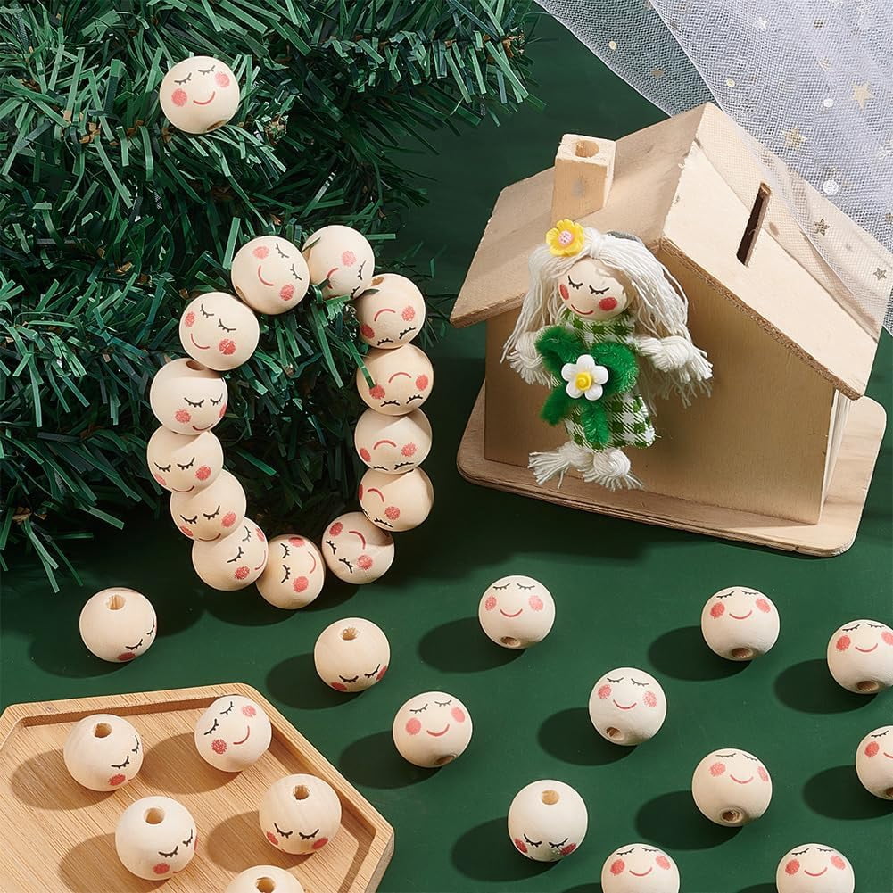 150Pcs 20mm Face Wood Beads Round Wooden Beads Painted Head Bead Face Beads Natural Round Spacer Bead with 0.2 Inch Hole