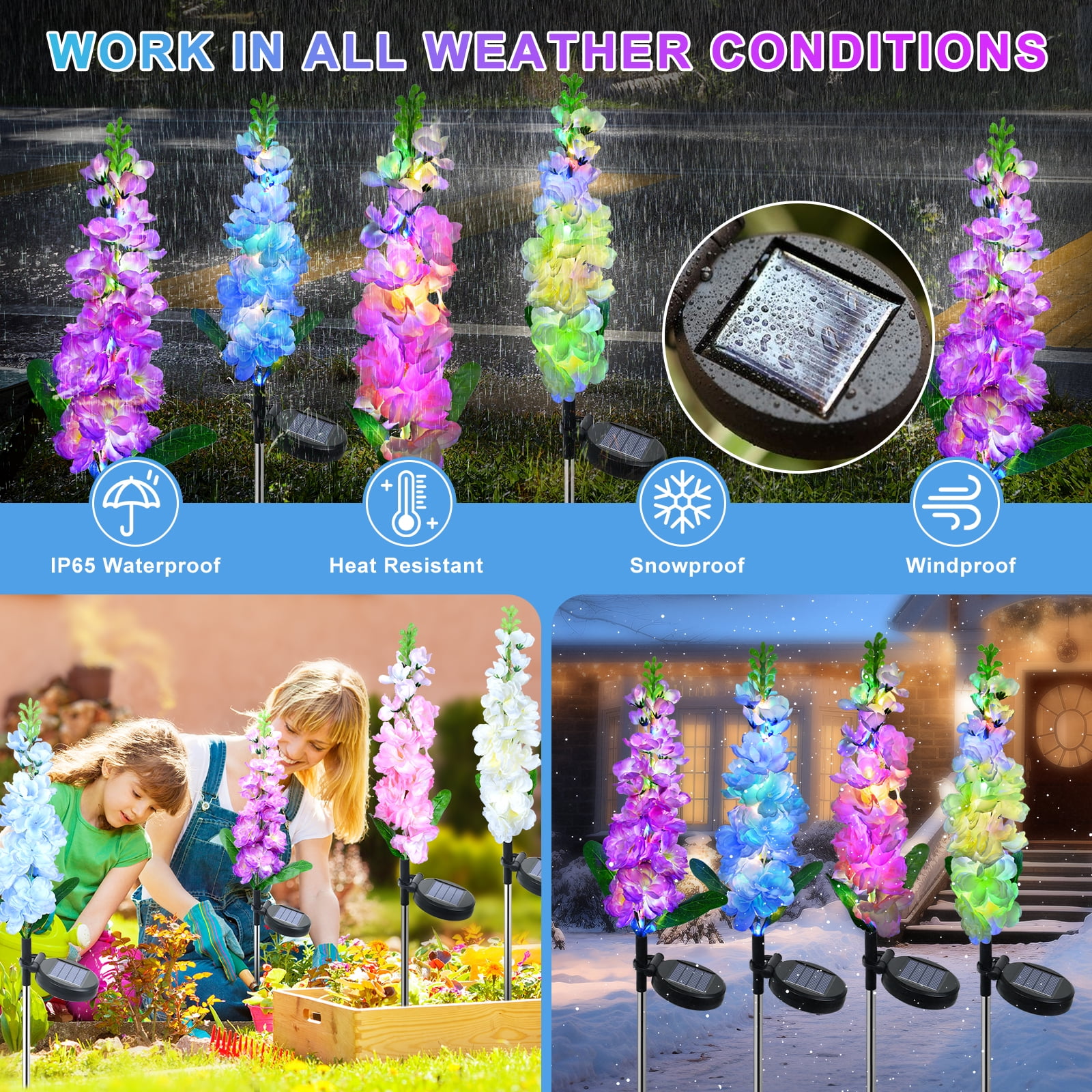 Qoosea Solar Delphinium Flowers Lights Outdoor, 4 pack 80 Leds Waterproof Solar Garden Lights Yard Decorations Outdoor Garden Lights Outside Gift for Women