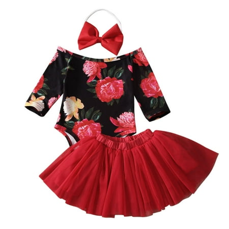 

ZIYIXIN Newborn Baby Girls Floral Print Long Sleeve Off Shoulder Romper Bodysuit+Tutu Skirt+Headband 3pcs Clothes Red 12-18 Months