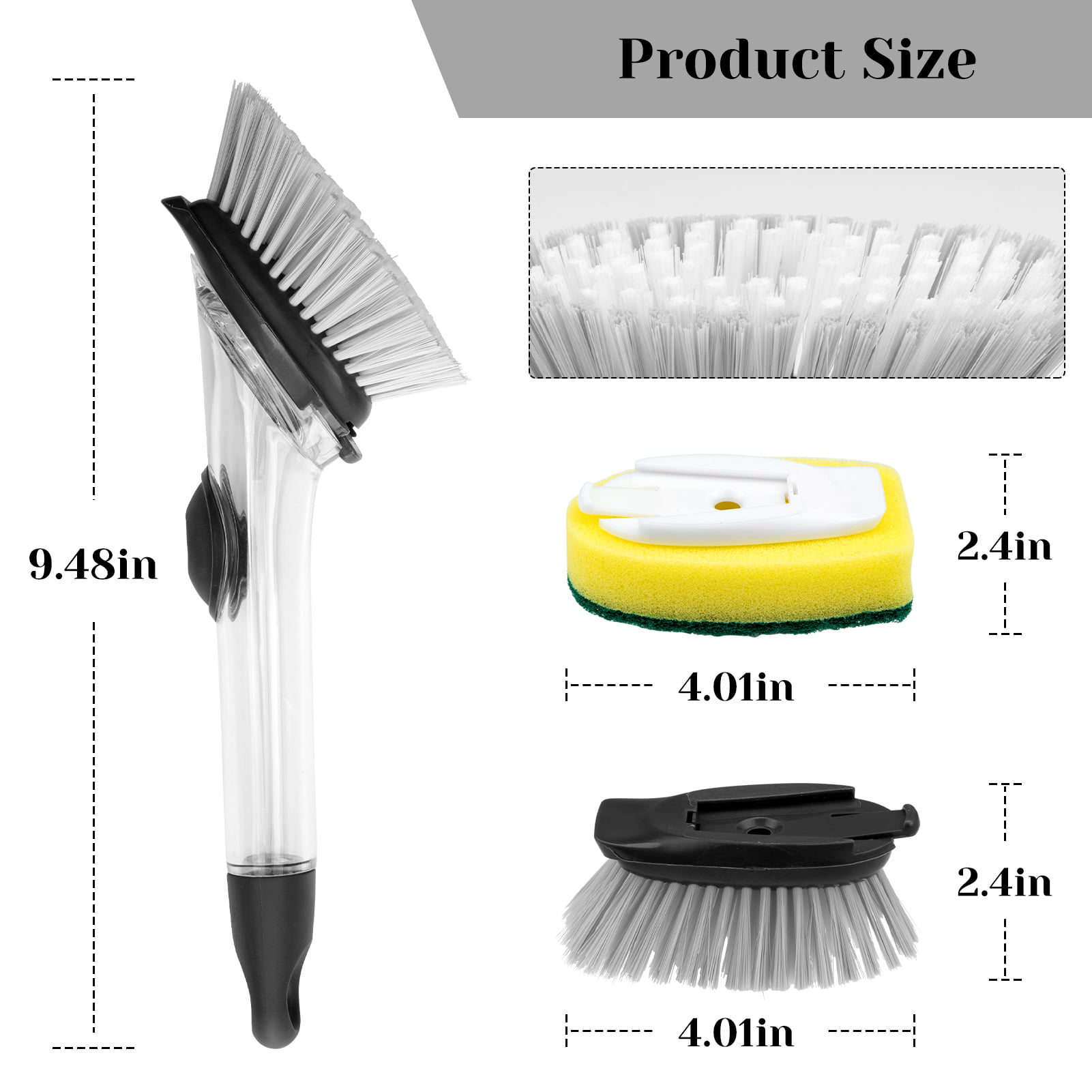 Automatic Soap Dispensing Dish Brush with Replacement Head (1 Bristles +3  Sponge Heads) – Space Saving For Home