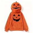 thumbnail image 5 of Women's Halloween Pumpkin Hoodie Oversized Fuzzy Fleece Sweatshirt Classic Jack-O-Lantern Face Full Zip Up Hooded Sweater with Pocket for Cosplay Party, 5 of 5