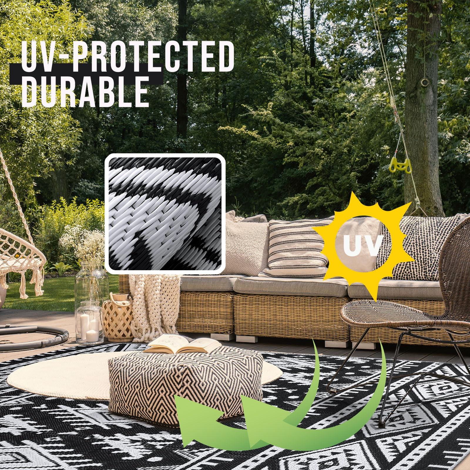 Smiry Outdoor Rugs 8'X10', Waterproof Plastic Outdoor Mat, Reversible Outdoor Carpet for Patio, RV Camping, Porch, Black & White