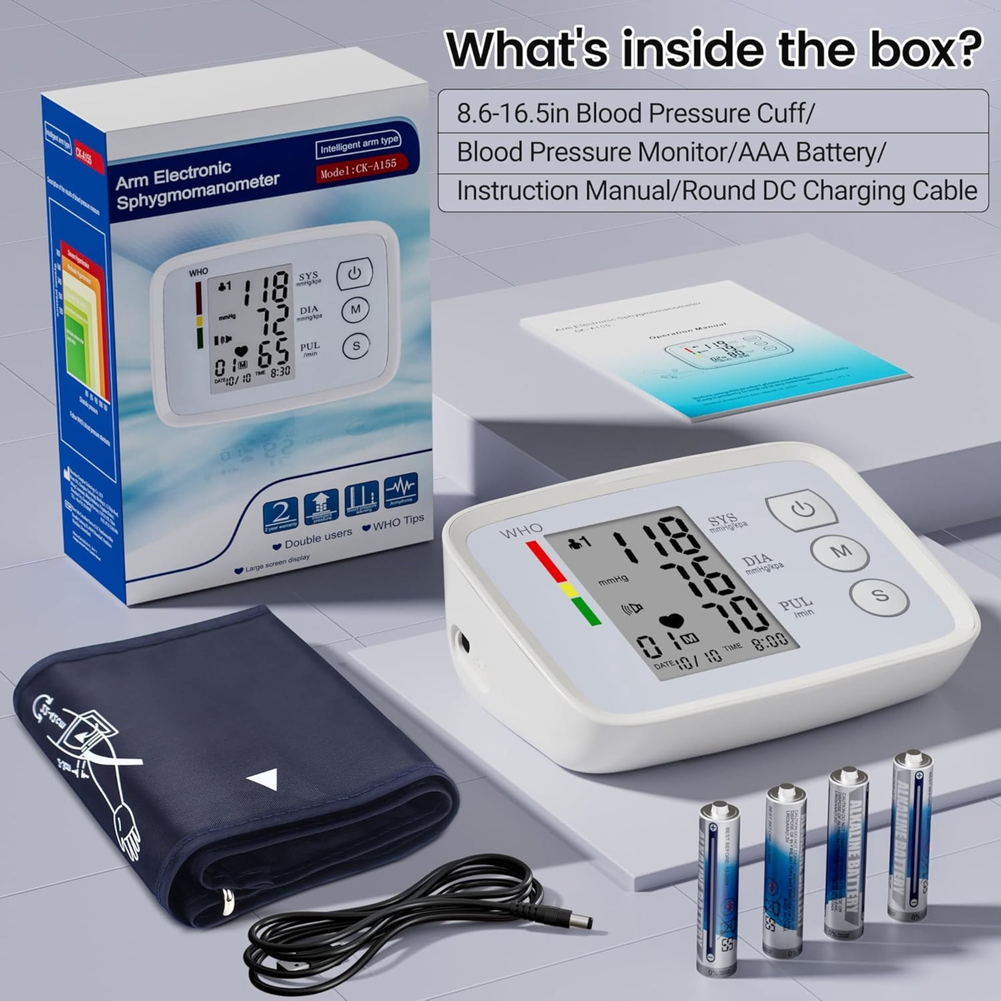 SUWU Blood Pressure Monitor Automatic Bp Monitors for Home Use – Large Screen, Adjustable Blood Pressure Cuff (8.7"-16.5"), 2x90 Memory, Dual Power Supply, Easy-to-Use and Travel Bp Machine