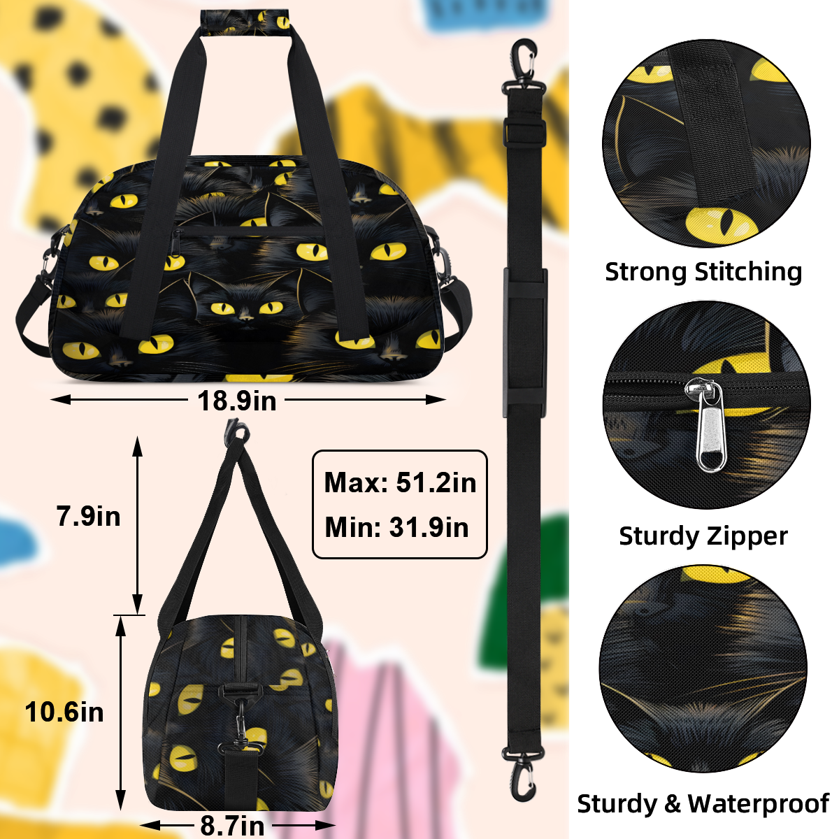 Herdesigns Funny Sports Duffle Bag for Women & Men, Black Cat Gym Bag Dance Bag Overnight Bag Carry On Weekender Travel Bag