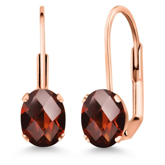 Gem Stone King Red Garnet Rose Gold Plated Leverback Earrings for Women (2.00 Cttw, Gemstone January Birthstone, Oval Checkerboard 7X5MM)