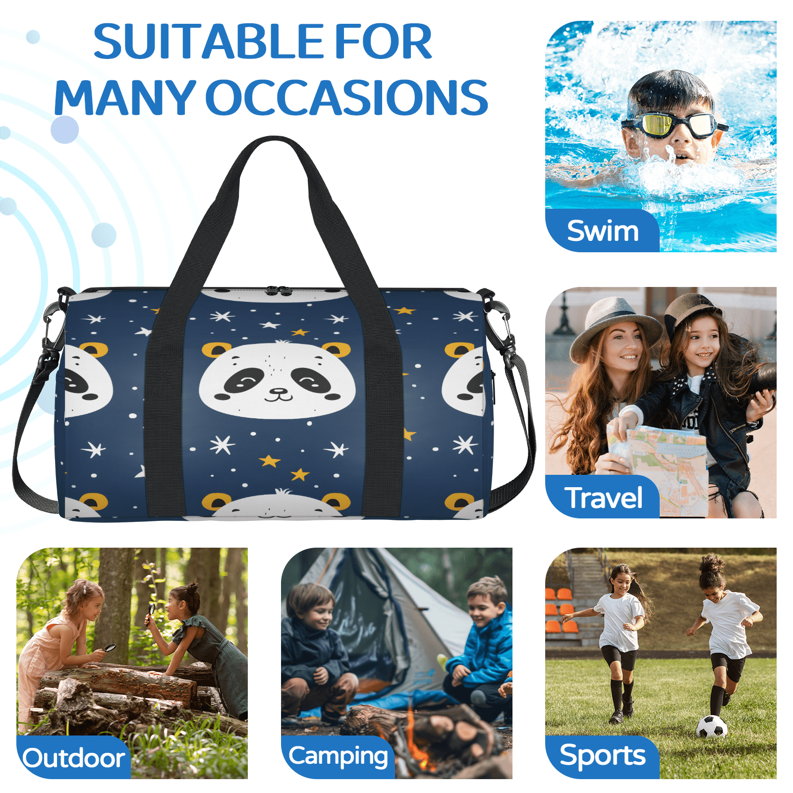 Herdesigns Pandas Gym Bag for Women, Duffle Bag for Travel Sport, Star Lightweight Waterproof Carry on Weekender Dance Yoga Workout Bags