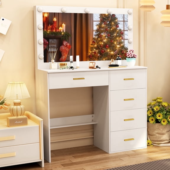 Teousev Vanity Table with Mirror and Lights, White Makeup Vanity Desk with 11 LED Bulbs, 5 Storage Drawers, Dressing Table for Bedroom