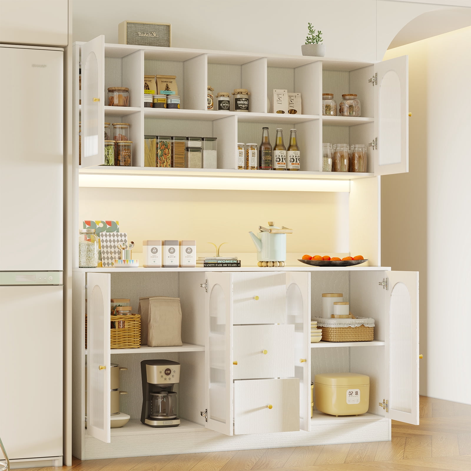 RichYa Kitchen Pantry with RGB LED Light,3 Drawers Hutch Storage Cabinet with Doors & Adjustable Shelves,Cupboard Buffet for Dining Room,White