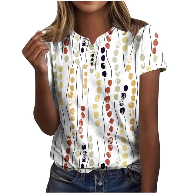 CEHVOM Femmes Mode Décontractée Chemises Imprimées Manches Courtes T-Shirt Ample Hauts Blouse à Col en V Liquidation