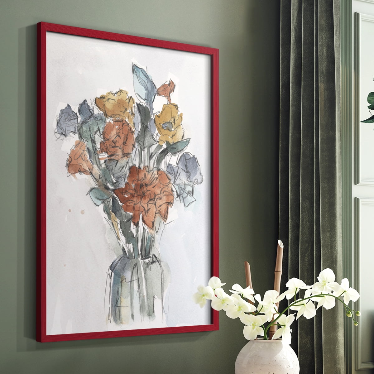 Watercolor Floral Arrangement I Framed Print in Red Solid Wood 11 x 14 Framed Print