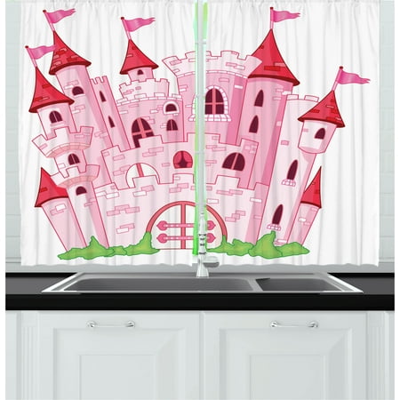 Fantasy Curtains 2 Panels Set, Princess Castle Cute Fairy Tale Princess Magic Kingdom Cartoon Illustration Art, Window Drapes for Living Room Bedroom, 55W X 39L Inches, Pink White, by