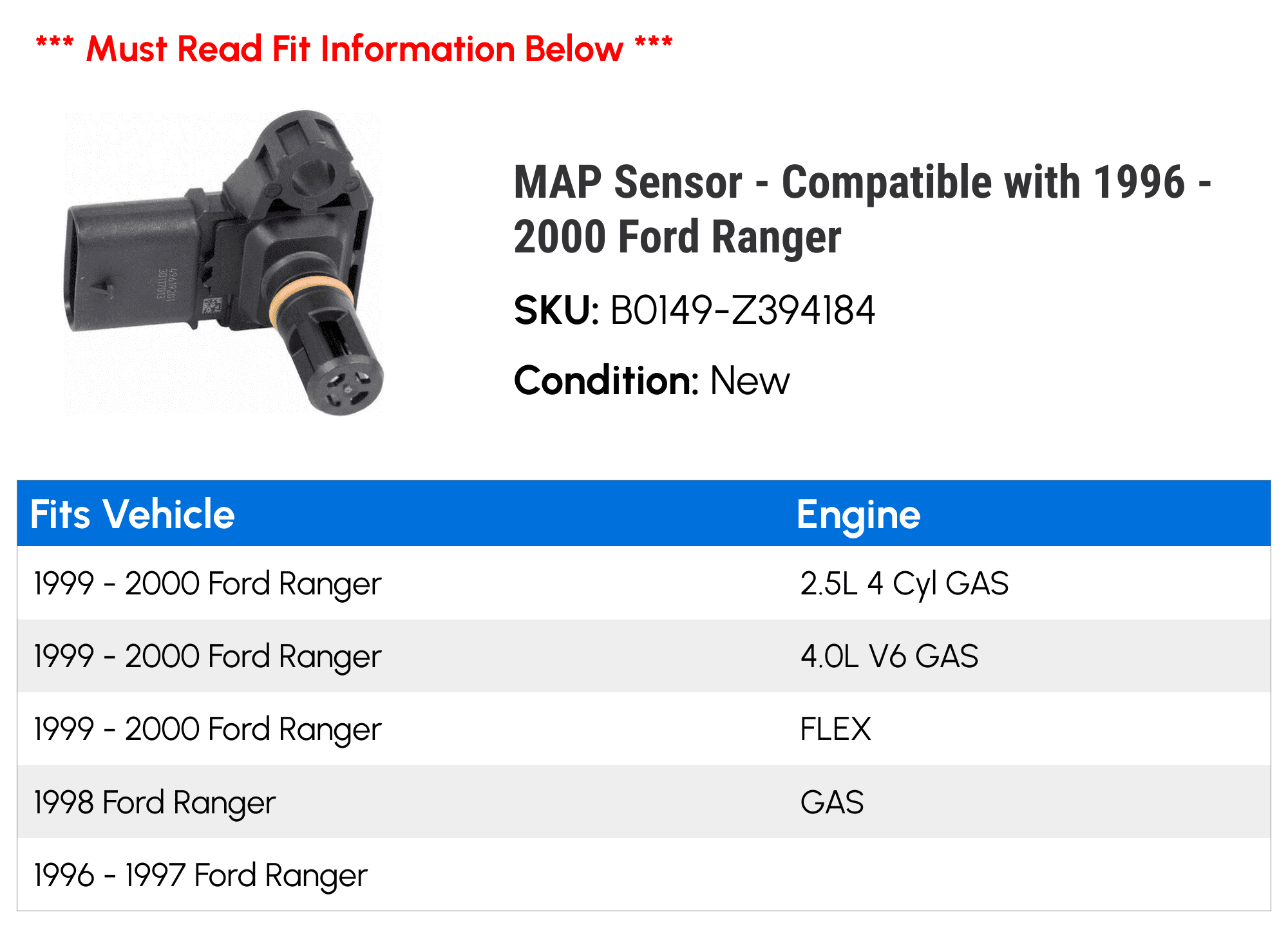 MAP Sensor - Compatible with 1996 - 2000 Ford Ranger 1997 1998 1999