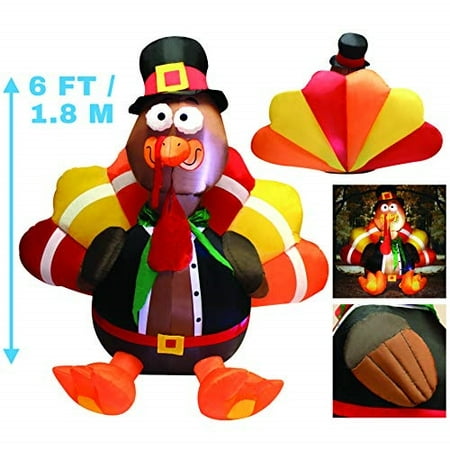 Joiedomi 6 Foot Thanksgiving Inflatable Turkey; LED Light Up Blow Up Turkey with Pilgrim Hat Perfect for Inflatable Thanksgiving