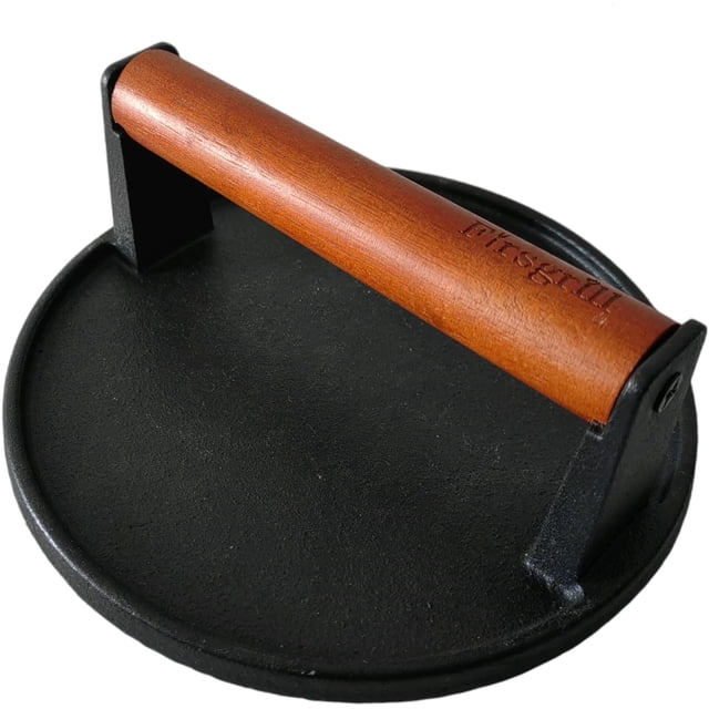 Prensa para parrilla de hierro fundido Firsgrill, redonda de 18 cm, mango de madera