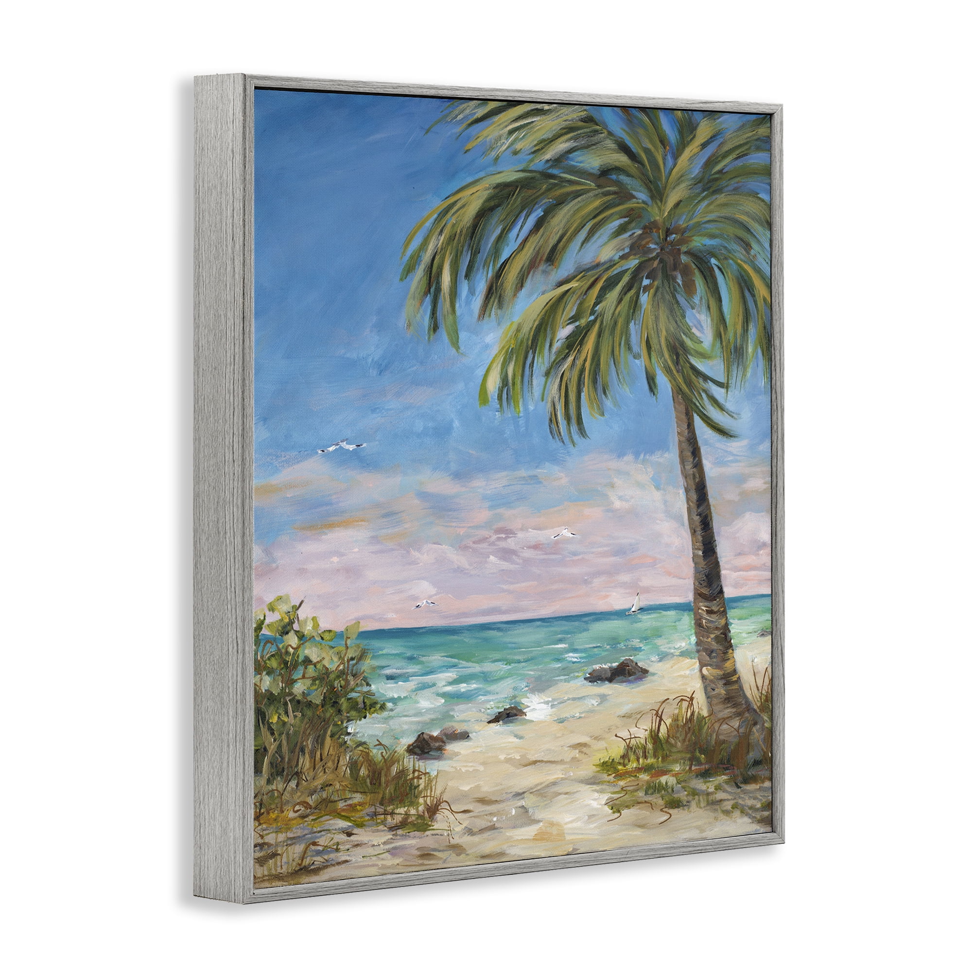 Stupell Industries By the Single Palm Coastal Painting Gray Framed Art Print Wall Art, 24 x 30