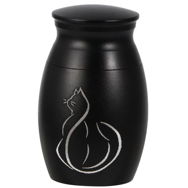 Pot d'Urnes Funéraire en Acier Inoxydable pour Animaux de Compagnie, Pot d'Urnes Imprimé pour Chaton avec Couvercles à Vis (Noir)