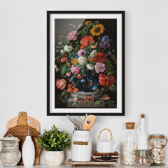 Póster enmarcado - Jan Davidsz De Heem - Tulips, A Sunflower, An Iris And Other Flowers In A Glass Vase On The Marble Base Of A Column Dimensión LxA: 24cm x 18cm, Marco: Negro esquí esquí Gafas de esquí