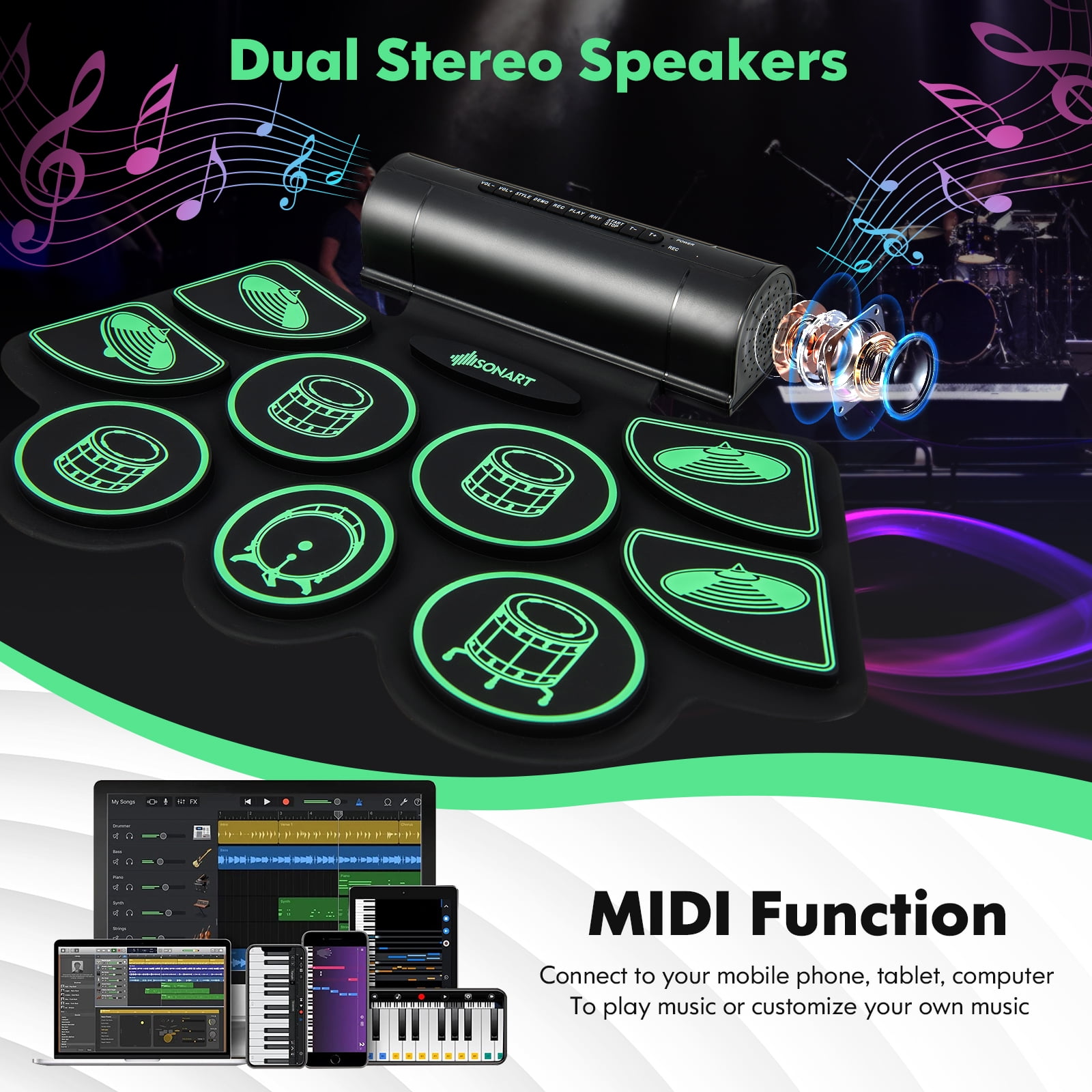 Infans 9 Pads Electronic Drum Set Roll Up Drum Kit w/ MIDI & Dual Stereo Speakers Green
