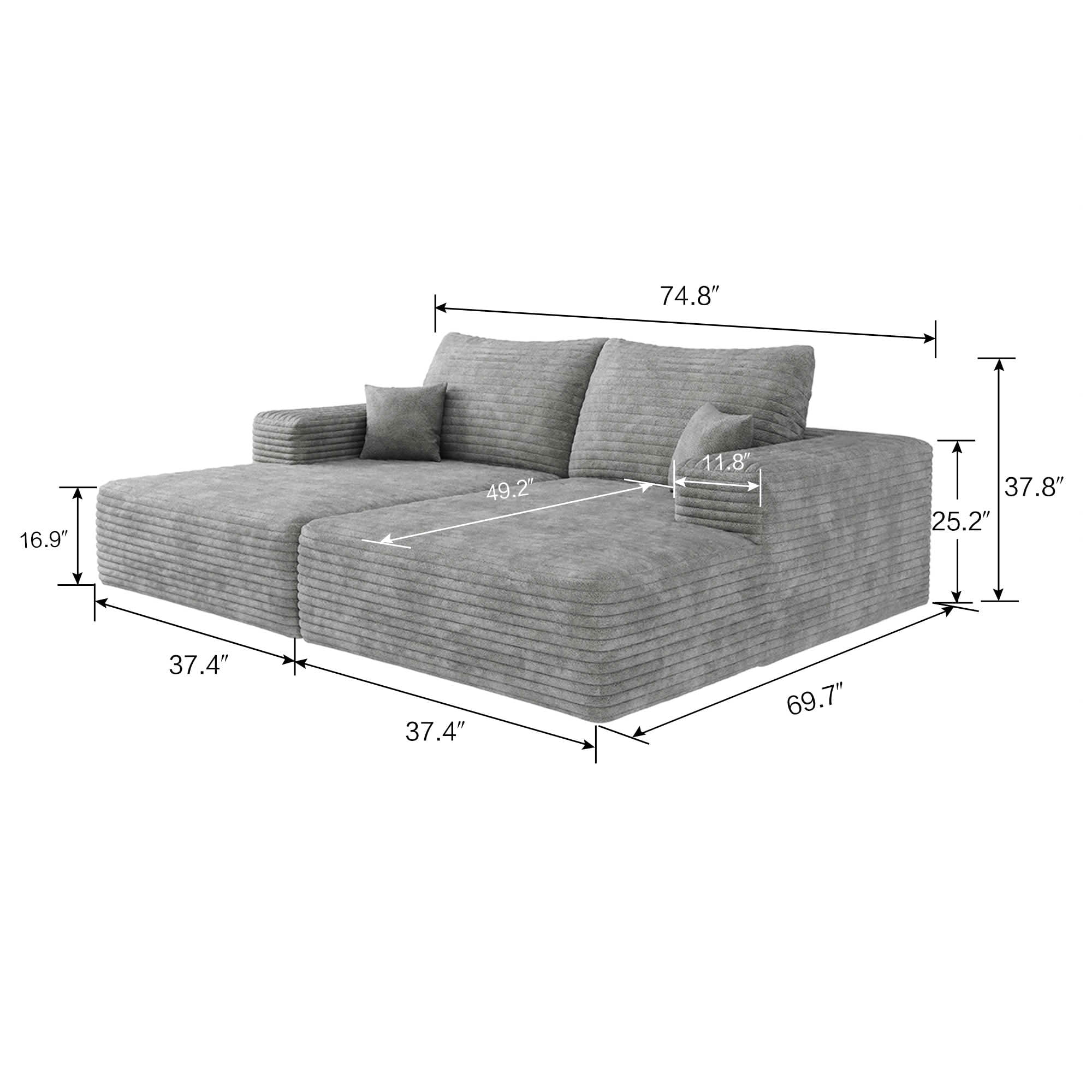 MAYEERTY 74.8" Ribbed Textured Corduroy Square Modular Floor Sofa, Oversized Deep Seat Cloud Loveseat Futon Sofa Bed, Chaise Lounger for Small Apartment Bonus Room, No Assembly Required