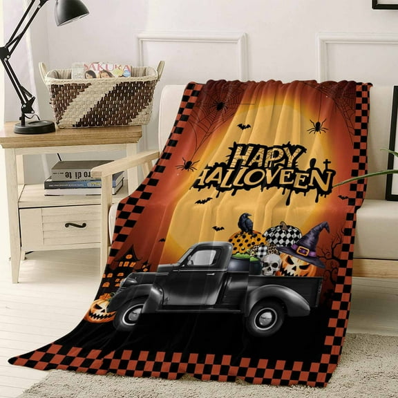 Happy Halloween Horror Pumpkin Trick Or Treat Orange Plaid Throw Flannel Blanket 40x50In Super Soft Cozy Bed Blanket, Lightweight Plush Fuzzy Bed Throw for Bedroom Sofa Couch Living Room