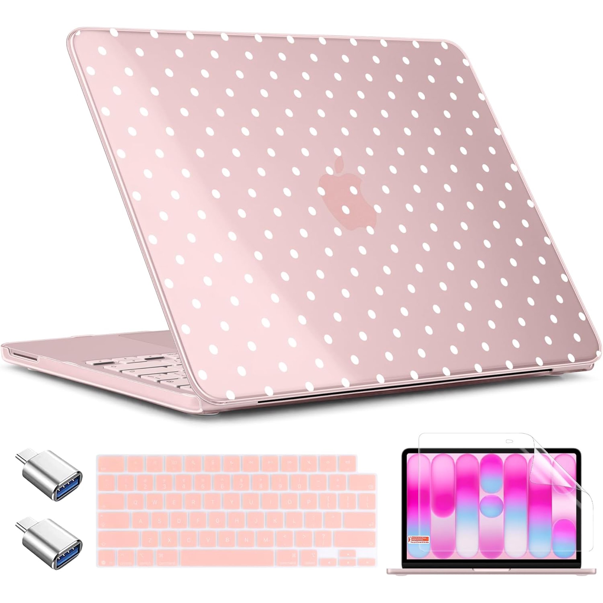 for MacBook Neo 13 inch Case 2026 A3404 A18 Pro Chip, Plastic Hard Shell Pattern Case with Type C Adapter, 2 Webcam Covers, Keyboard Cover & Screen Protector, Blush Polka Dot