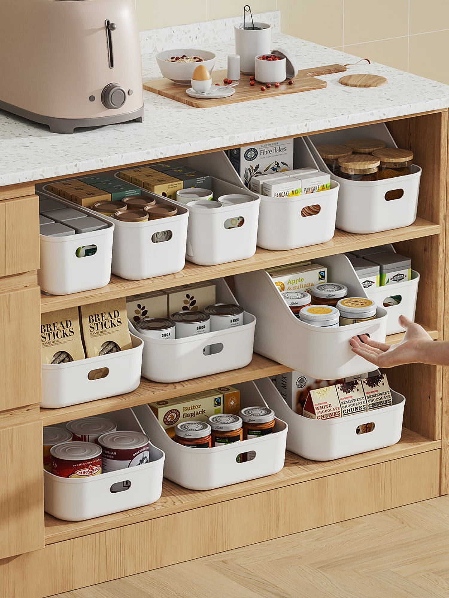 NEPA Market White Plastic Bins/Storage Organizers 3 Pack - Pantry Baskets, Bins for Shelves, Organizer and Storage for Bathroom, Bedrooms, Kitchens and More - Large Size