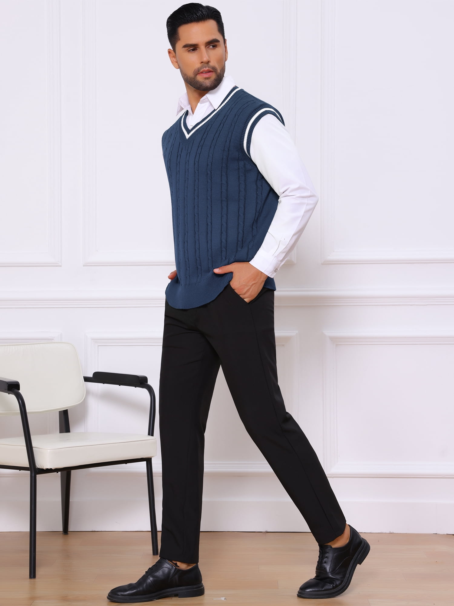 DARING DIVA Men's Solid Color V-Neck Sleeveless Cable Knitted Sweater Vest XL Navy Blue