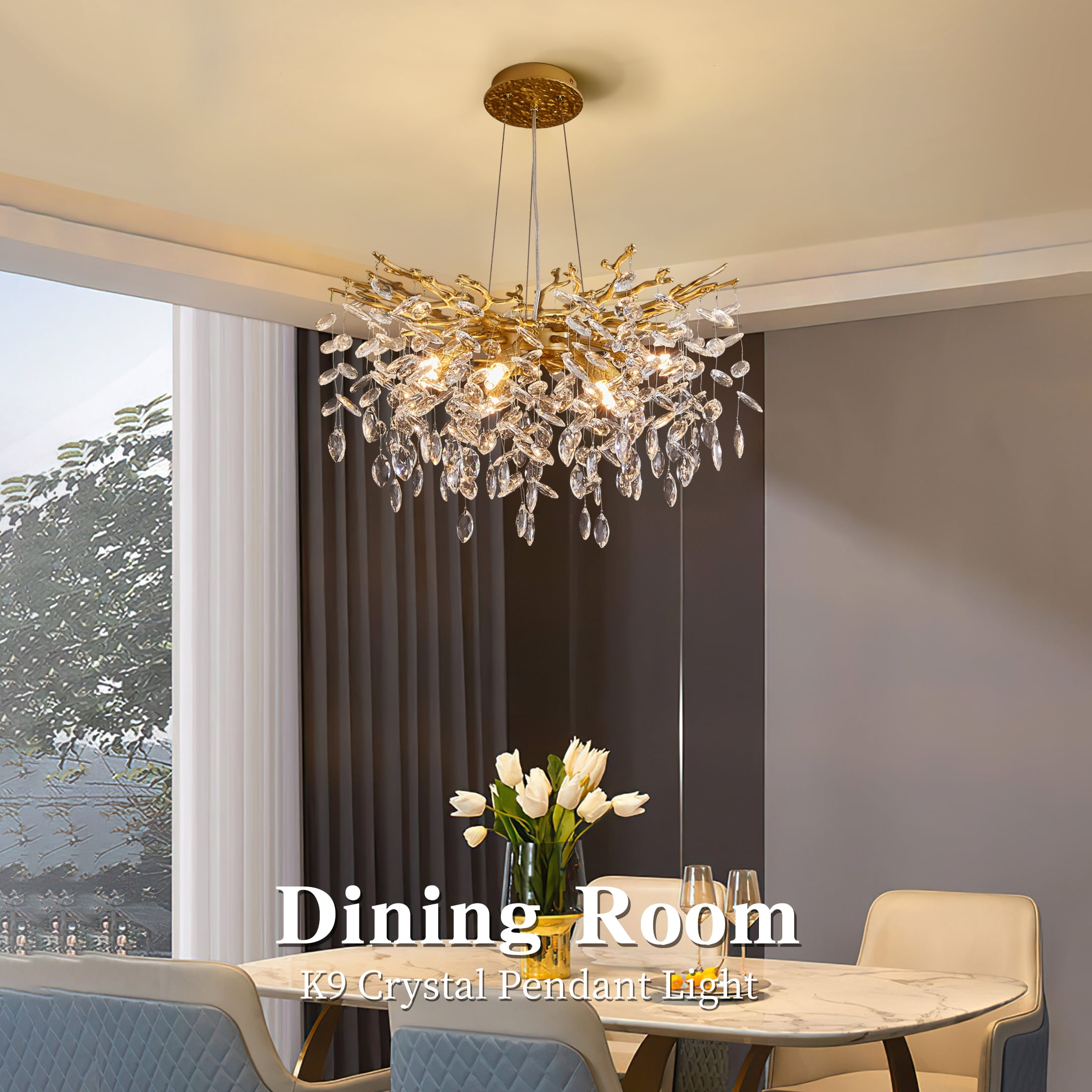 Modern Tree Branch Crystal Chandelier Luxury Gold Crystal Pendant Lighting 23.6" Contemporary 8-Light Chandeliers for Dining Room Kitchen Bedroom Living Room