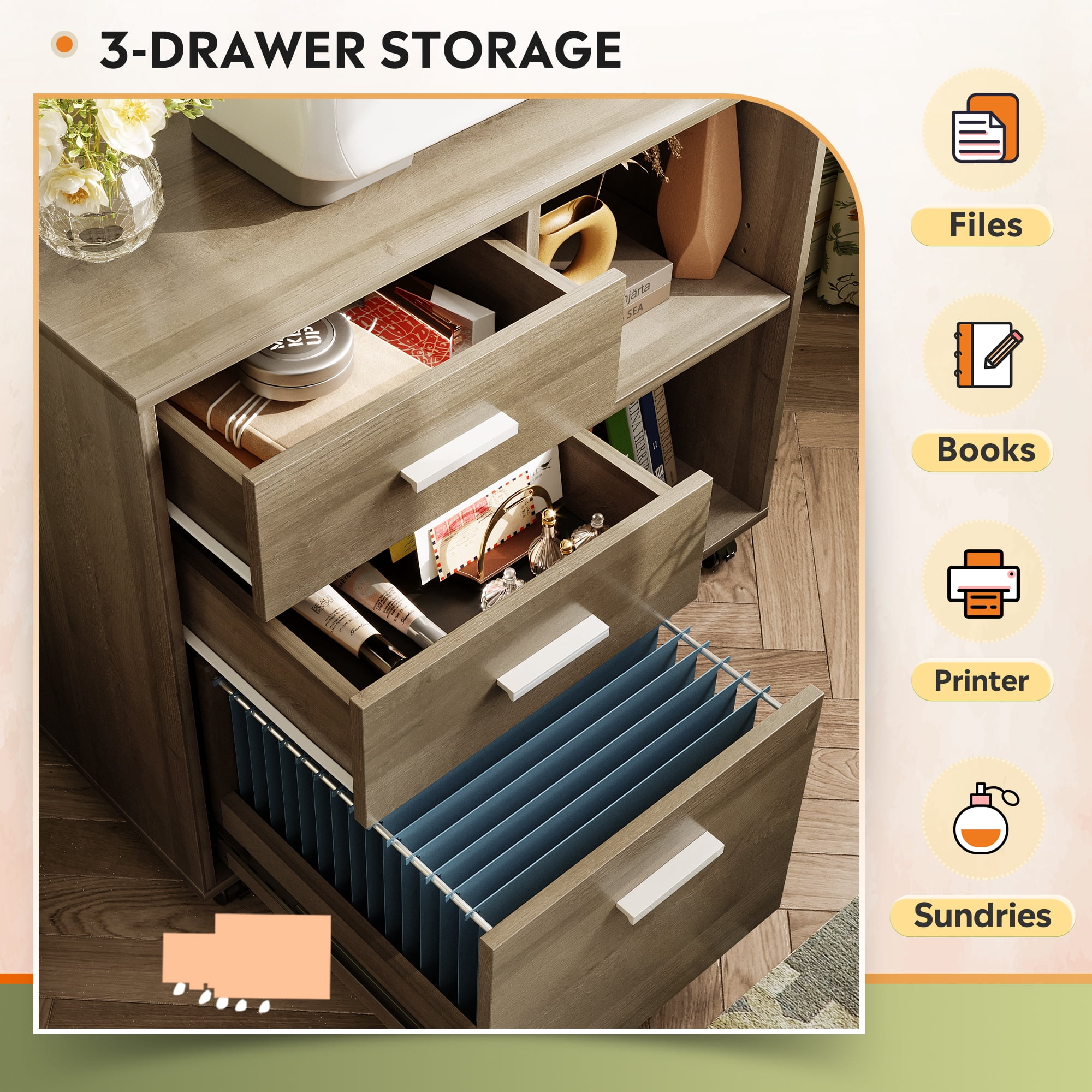 GALAXHERO 3-Drawer Wood File Cabinet, Mobile Lateral Filing Cabinet with Printer Stand and Open Shelves for Home Office, Gray Oak