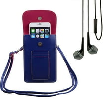 BUNDLE: Vegan Leather Vertical Crossbody Smartphone Pouch Wallet (Blue) & Deluxe Stereo Hands-Free Headset (Black) - for Smartphones up to 6.5-inch, Shoulder Strap, Headphones w/ Microphone