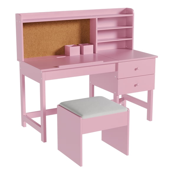 Kids Desk and Chair Set with Hutch & Tiltable Desktop, Complete Study Table with Storage Drawer, Cork Board, and Padded Stool for Children
