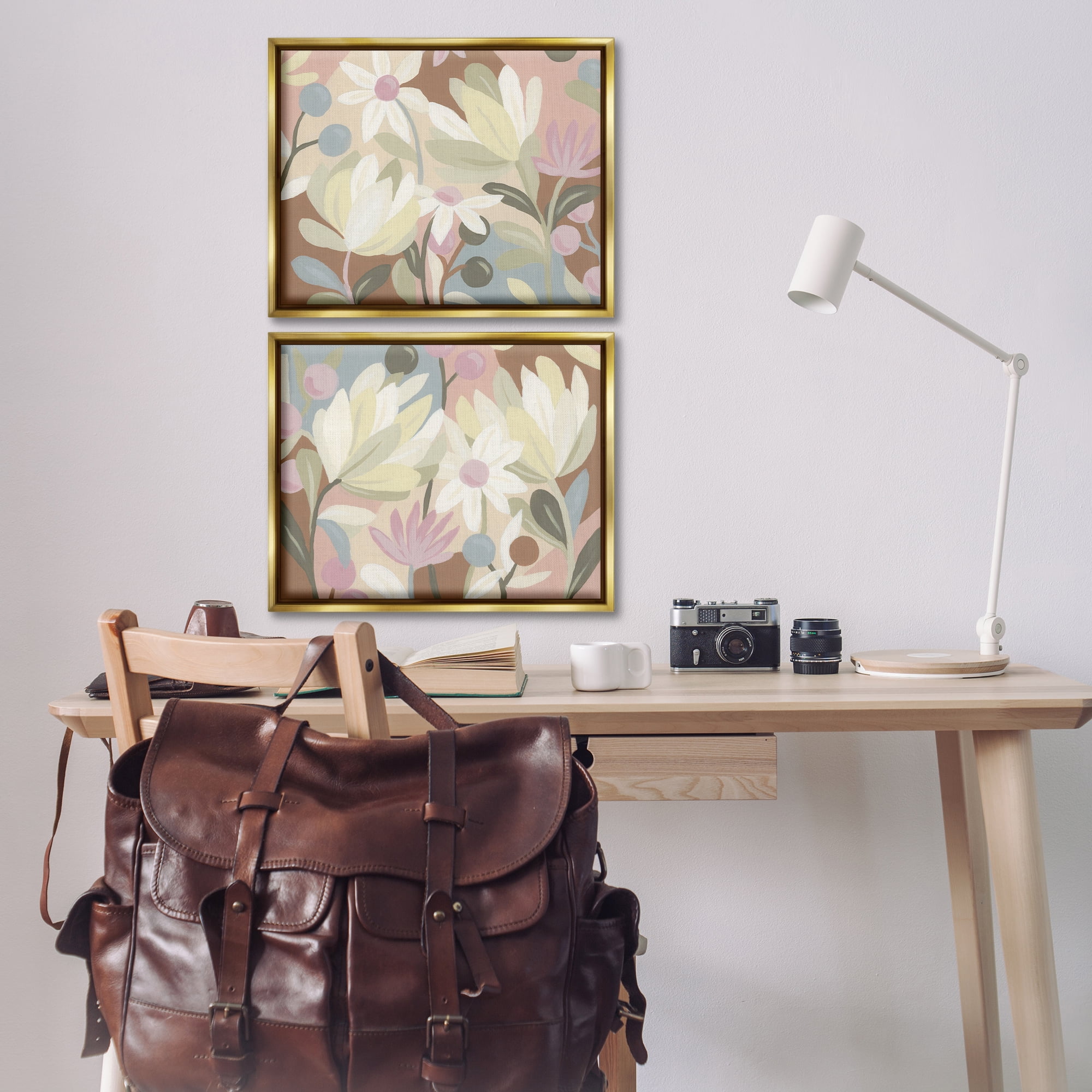 Stupell Industries Charming Muted Foliage Plants & Flowers Painting Gold Floater Framed Canvas Art Print Wall Art, 21 x 17, Set of 2