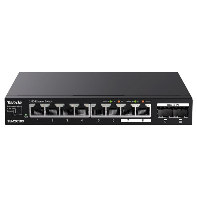 Tenda TEM2010X, 8 Port 2.5G Ethernet Switch Support VLAN & Static Link Aggregation, Unmanaged 2.5Gb Switch with 8 x 2.5G Ports & 2 x 10Gb SFP Slots, 8